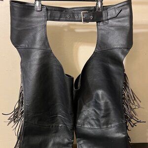 EXCELLED Men’s X-Large Black Leather Chaps with Fringe Cowboy Western